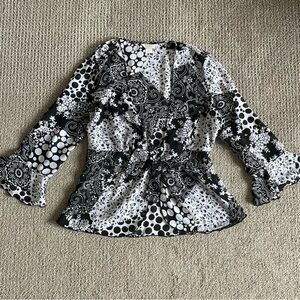 Black and white sheer floral print tie front top with bell sleeves
